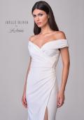 Picture of: Off the Shoulder Luxe Jersey Dress with Ruched Bodice and Illusion Lace Back in ivory, Style: J2181, Detail Picture 7