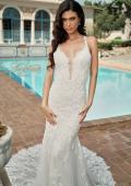 Picture of: Plunge Neck Lace Trumpet Gown with Criss Cross Back in IIII, Style: B1100, Detail Picture 1