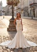 Picture of: Scoop Neck Satin Fit and Flare Wedding Dress in ivory, Style: B1453, Main Picture