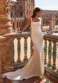 Picture of: Simple Satin Fit and Flare Wedding Dress with Bow Train in ivory, Style: B1488, Back Picture