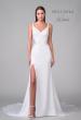 Picture of: Satin Gown with Slit and Lace Applique Bodice and Illusion Back in ivory, Style: J2158, Detail Picture 4