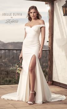 Picture of: Off the Shoulder Wedding Dress with Ruching and Slit in ivory, Style: J2004, Main Picture