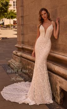 Picture of: Plunge Neck Fitted Lace Wedding Dress with Beaded Straps in IIIII, Style: J2130, Main Picture