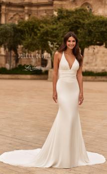 Picture of: Satin Halter Fit and Flare Wedding Dress with Open Back in diamond white, Style: J2288, Main Picture