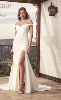 Picture of: Off the Shoulder Wedding Dress with Ruching and Slit in ivory, Style: J2004, Main Picture