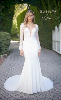 Picture of: Long Sleeve Gown with Lace Bodice and Plunge V Neck in ivory, Style: J2104, Main Picture