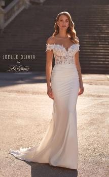 Picture of: Off the Shoulder Wedding Gown with Lace Illusion Bodice and Luxe Jersey Skirt in ivory, Style: J2163, Main Picture