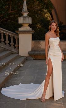 Picture of: Satin Strapless Wedding Dress with Ruching and Illusion Corset Back in ivory, Style: J2239, Main Picture