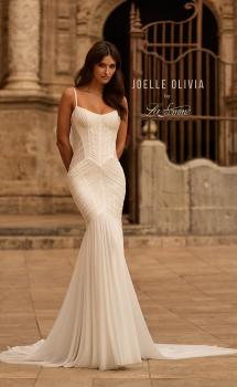 Picture of: Sheer Corset Mermaid Wedding Dress with Ruched Tulle Skirt in ivory, Style: J2321, Main Picture