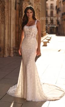 Picture of: Floral Lace Wedding Dress with Sheer Bodice and Open Back in ivory, Style: J2338, Main Picture