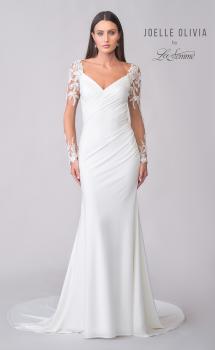 Picture of: Luxe Jersey Gown with Illusion Lace Long Sleeves and Ruching Detail in ivory, Style: J2122, Detail Picture 4