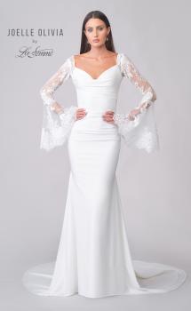 Picture of: Stunning Luxe Jersey Gown with Lace Bell Sleeves and Unique Button Up Back in ivory, Style: J2150, Detail Picture 4