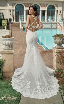 Picture of: Plunge Neck Lace Trumpet Gown with Criss Cross Back in IIII, Style: B1100, Main Picture