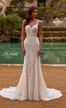 Picture of: Lace Wedding Dress with V Neckline and Sheer Side Detail in IIINI, Style: B1308, Main Picture