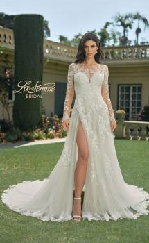 Picture of: Illusion Long Sleeve Gown with Slit and Beautiful Lace Neckline in ILII, Style: B1225, Main Picture