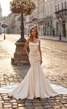 Picture of: Scoop Neck Satin Fit and Flare Wedding Dress in ivory, Style: B1453, Main Picture